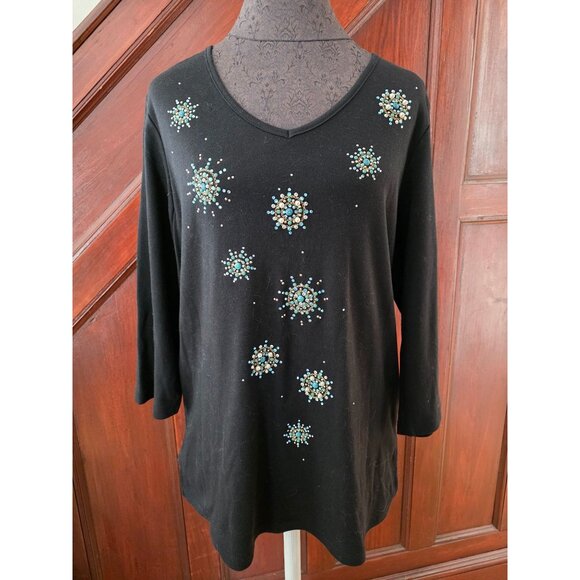 Quacker Factory Black Embellished Snowflake 3/4 Sleeve Top L Jeweled Design - Picture 1 of 7